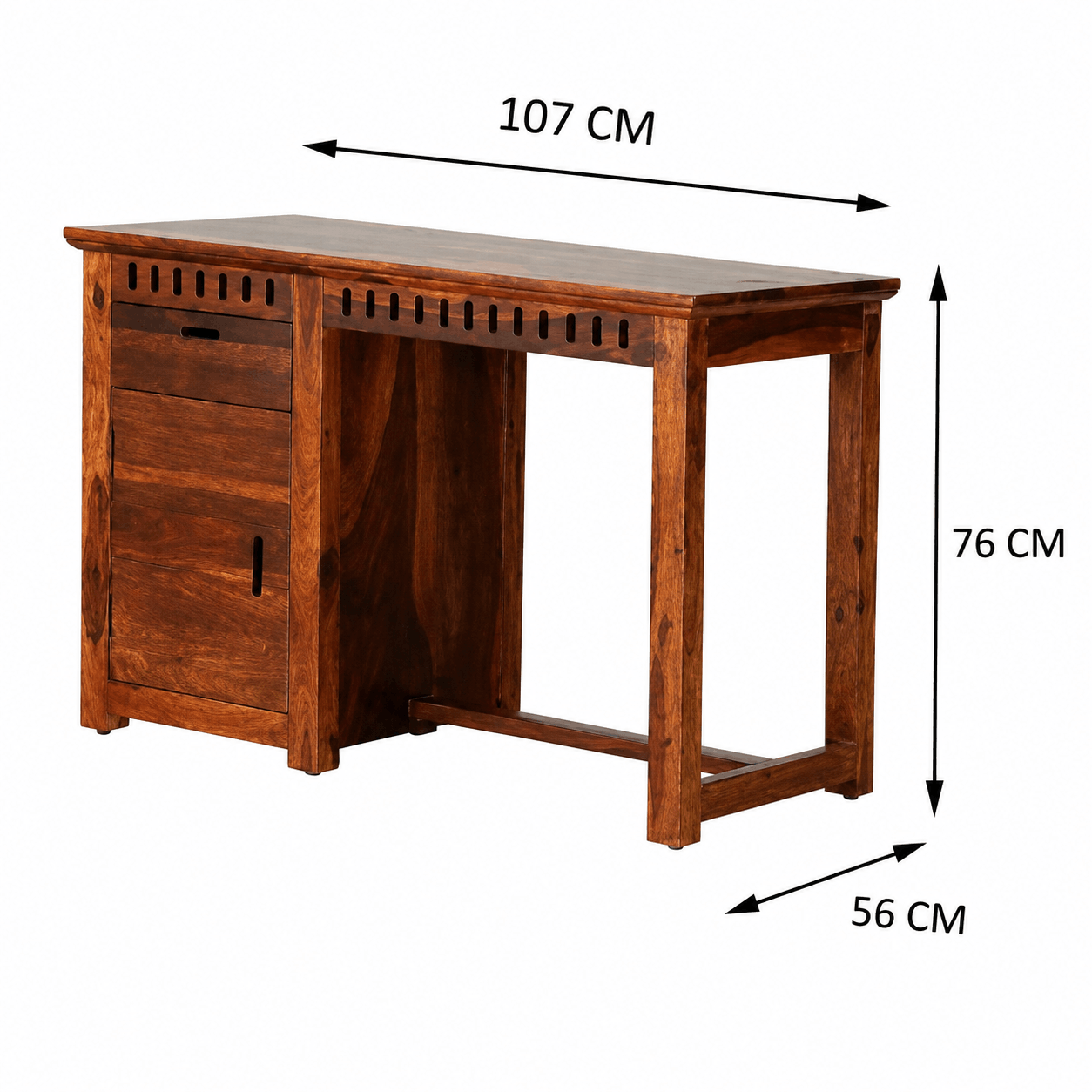 Wooden desk with dimensions labeled on a white background