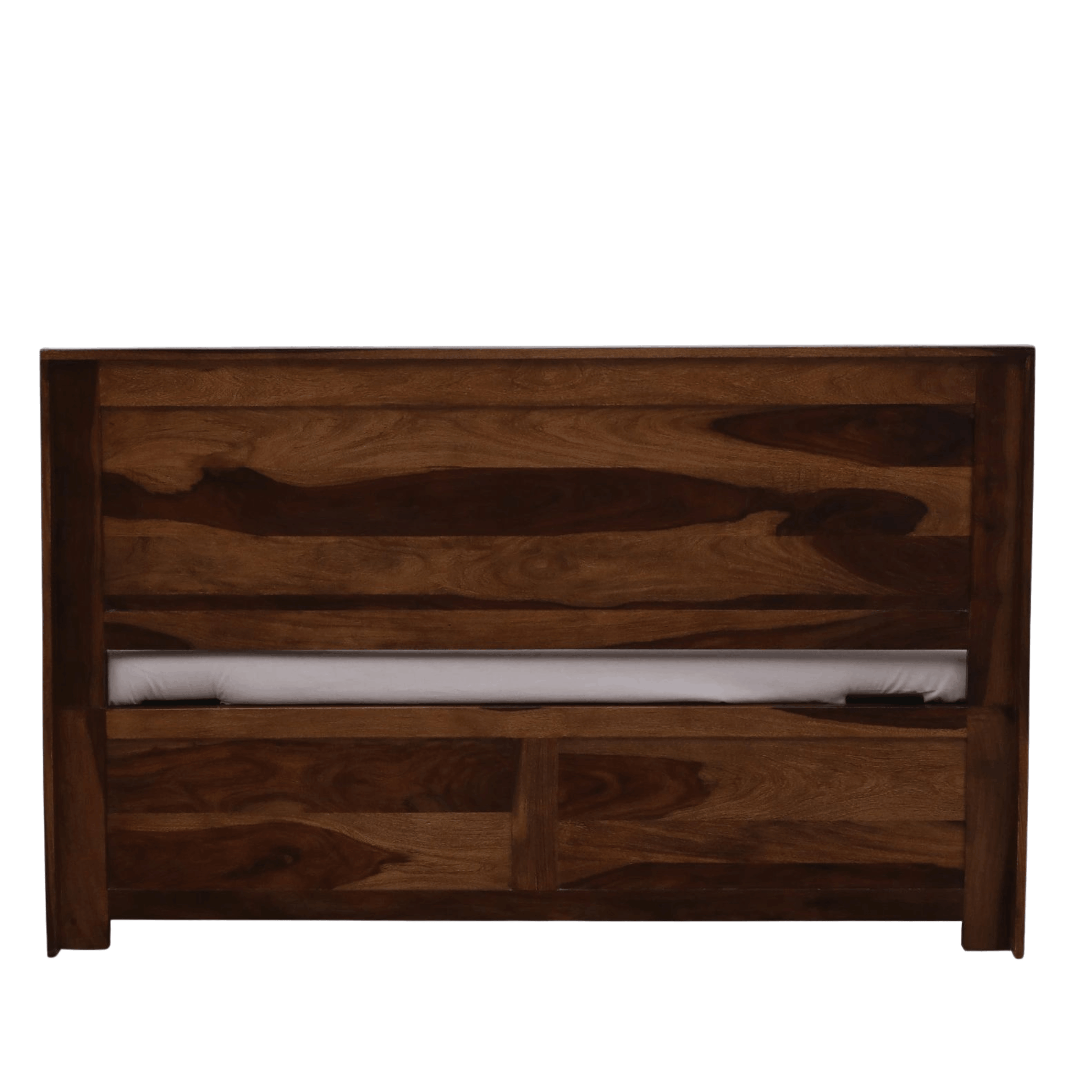 Wooden headboard with a white mattress on a white background