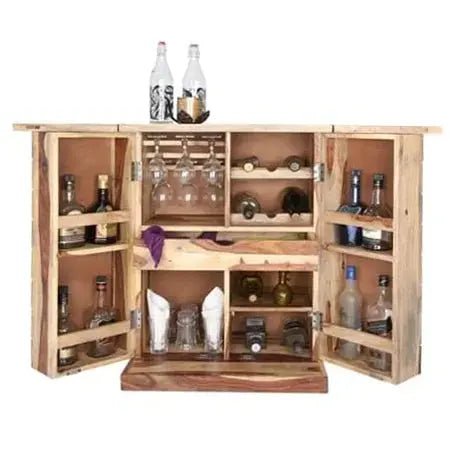 Ferrowoods solid wood bar cabinet in walnut finish with shelves, wine rack, and glass holders