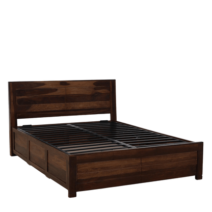 Wooden bed frame with dark brown finish on a white background