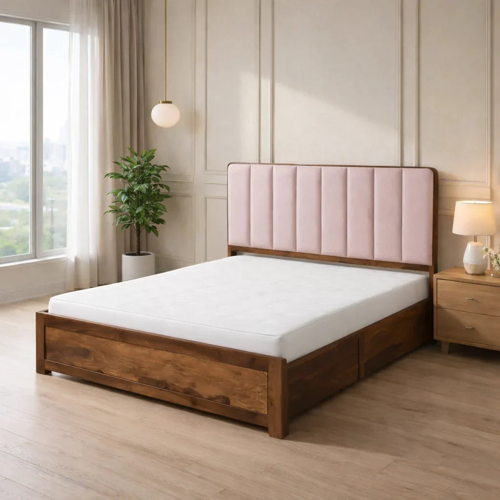 Solid Wood Bed with Upholstered Headboard and Storage Drawers - Ferrowoods