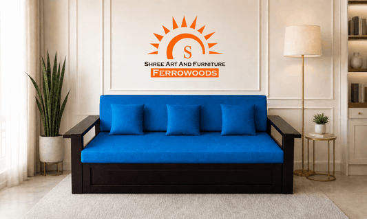 Blue sofa bed in a room with 'Shree Art & Furniture Ferrowoods' logo above.