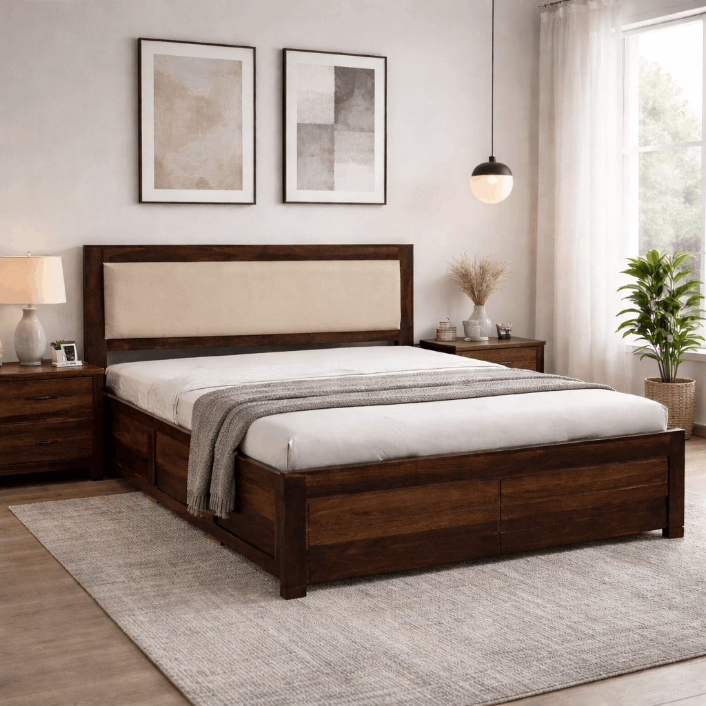 Ferrowoods Luna Haven upholstered hydraulic storage bed in Provincial Teak finish