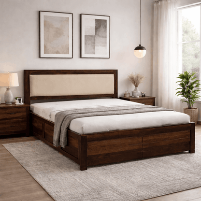 Ferrowoods Luna Haven upholstered hydraulic storage bed in Provincial Teak finish