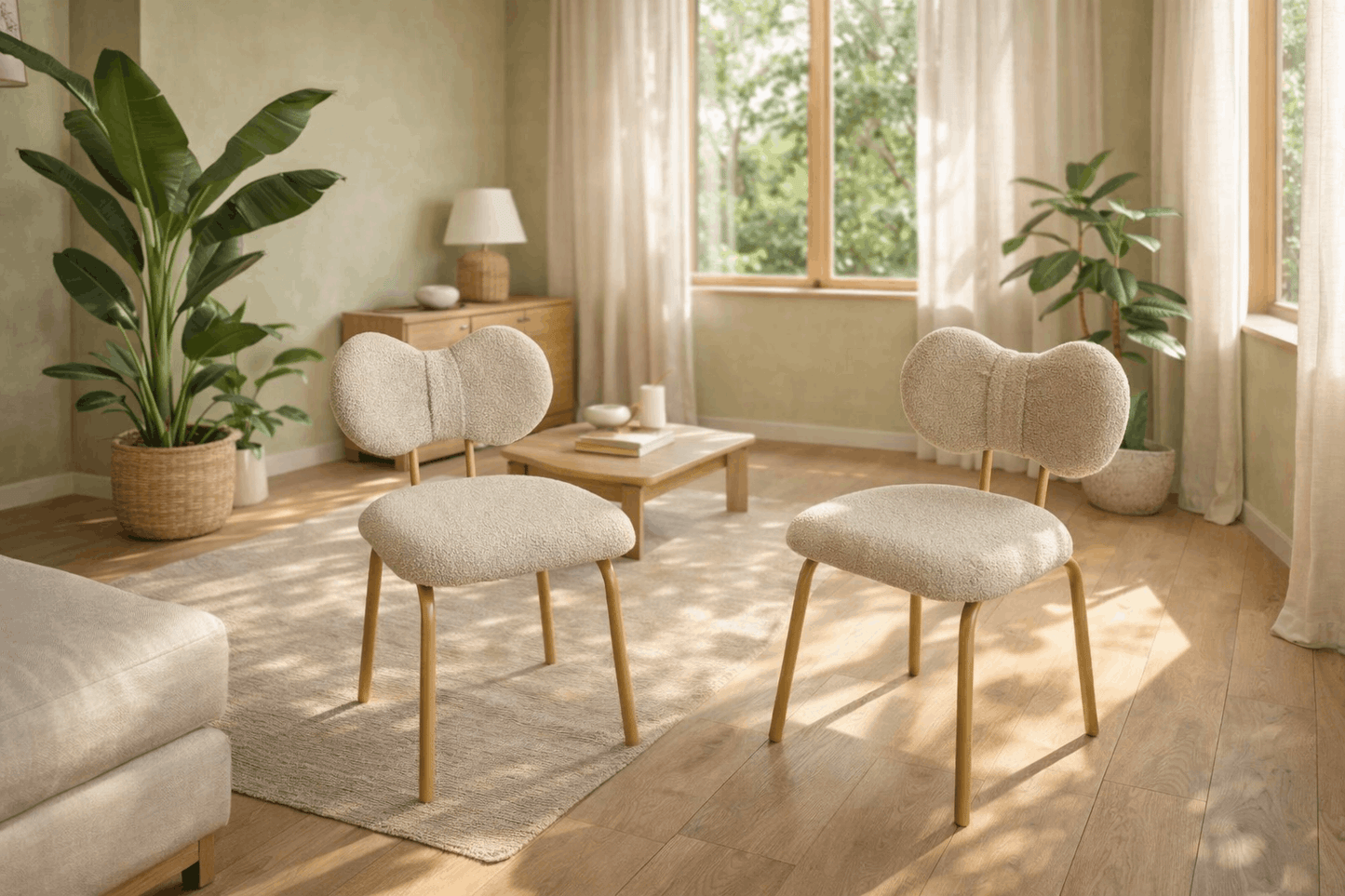 Modern living room with beige chairs, a coffee table, and plants.