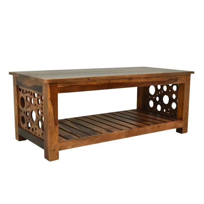 Sheesham wood coffee table with honey finish, slatted shelf, and cutout sides by Ferrowoods