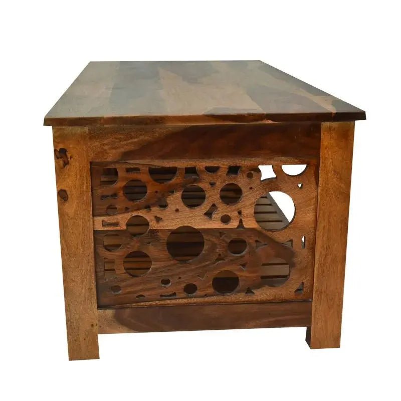 Sheesham wood coffee table with honey finish, geometric carved sides by Ferrowoods