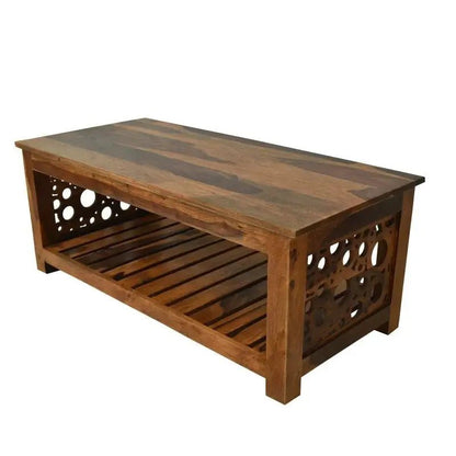 Sheesham wood coffee table with honey finish, modern cutout sides by Ferrowoods