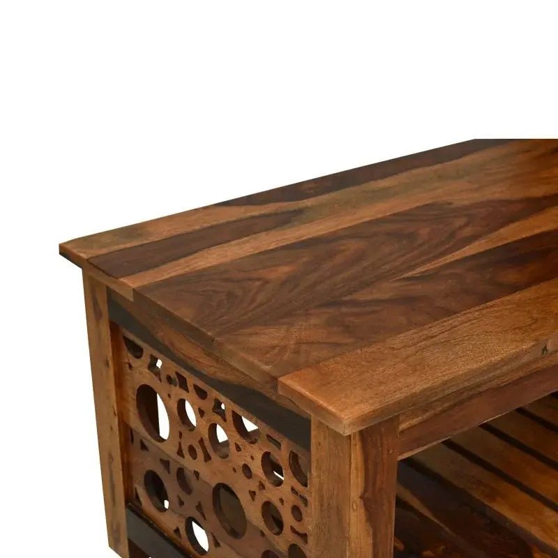 Sheesham wood coffee table with honey finish and modern cutout design by Ferrowoods