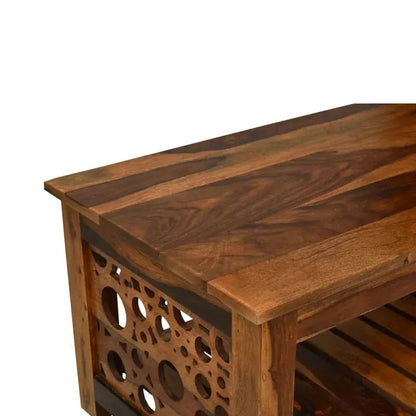 Sheesham wood coffee table with honey finish and modern cutout design by Ferrowoods