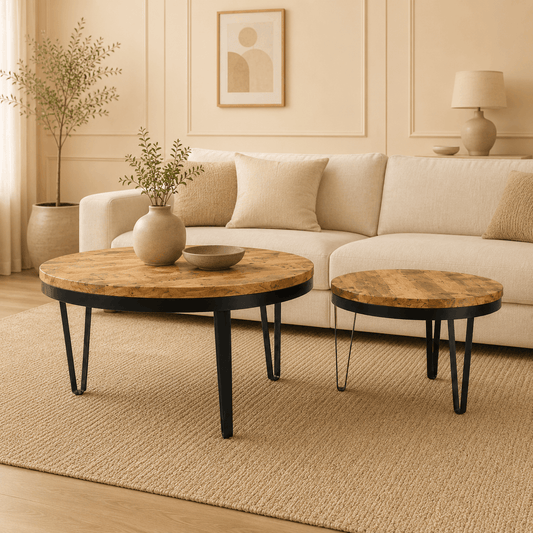 Living room with beige sofa, wooden coffee table, and decorative elements.