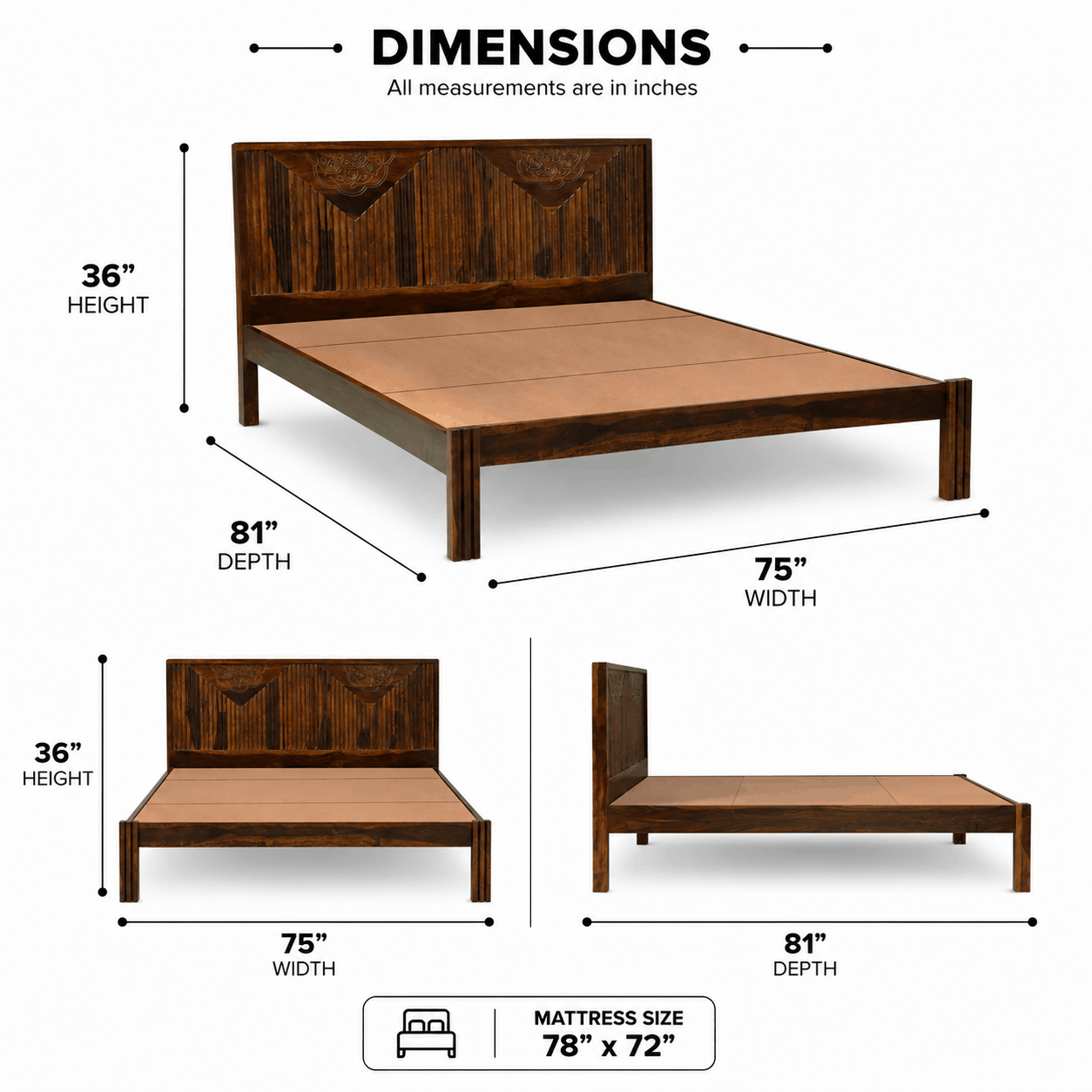 Wooden bed frame with dimensions labeled on a white background