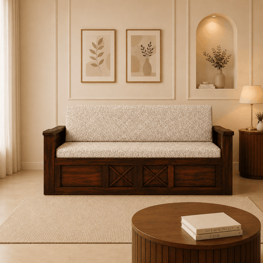 Wooden sofa with patterned cushion in a living room setting