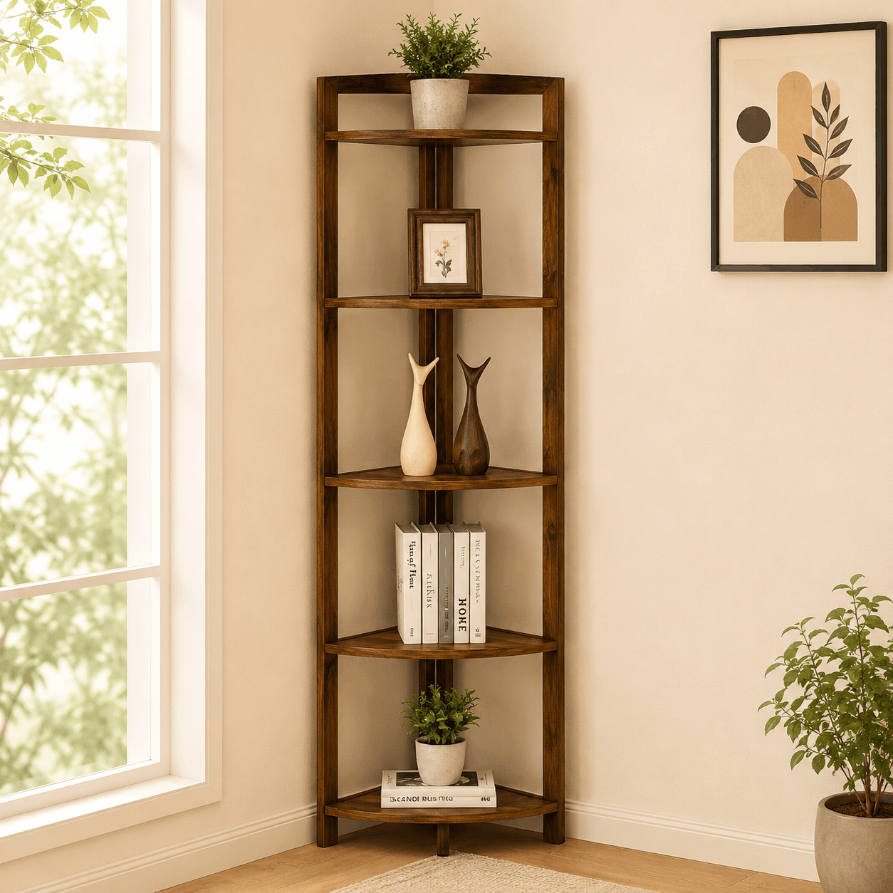 Wooden corner shelf with decorative items in a room with a window and wall art.