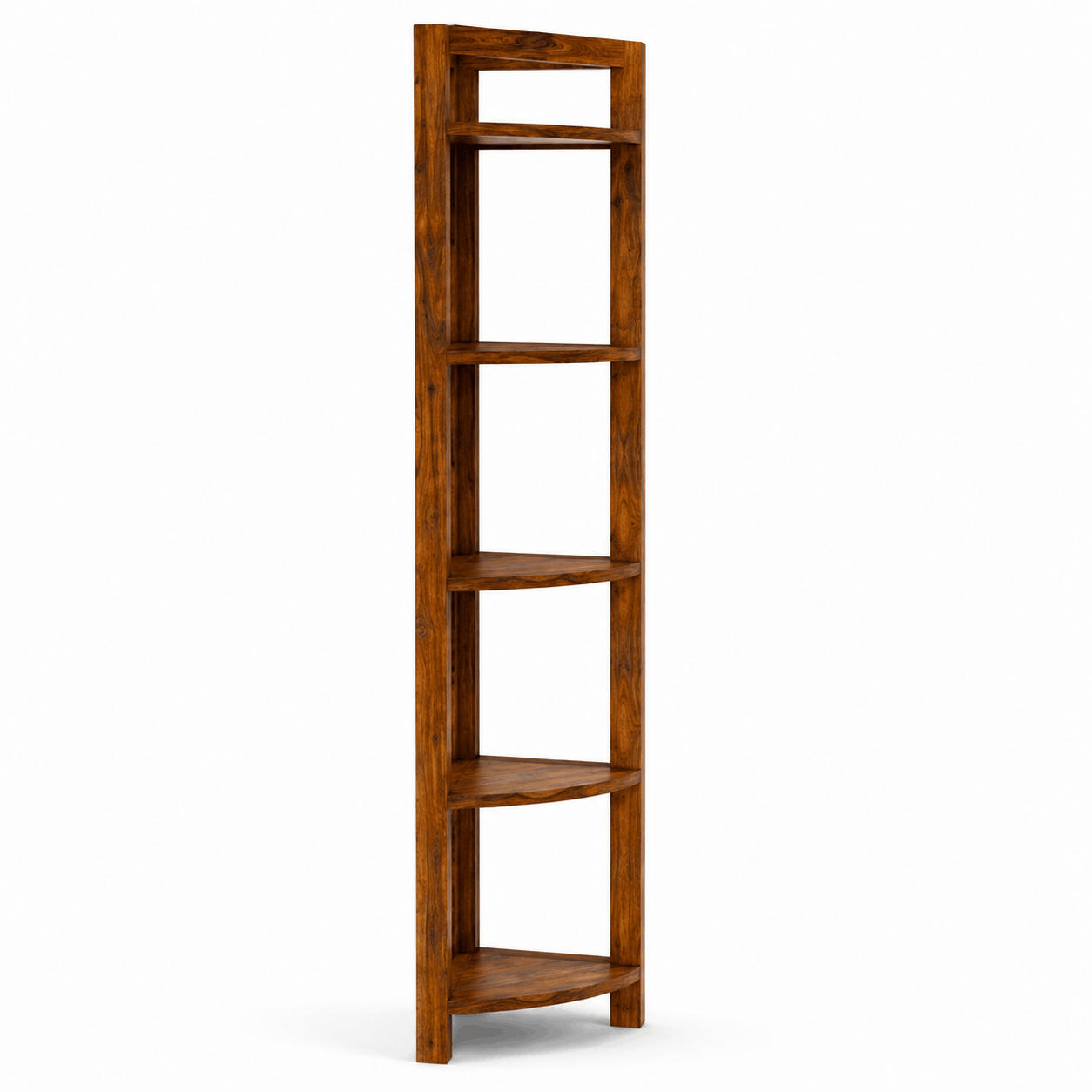 Wooden bookshelf with five shelves on a white background
