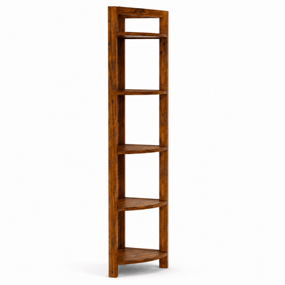 Wooden bookshelf with five shelves on a white background