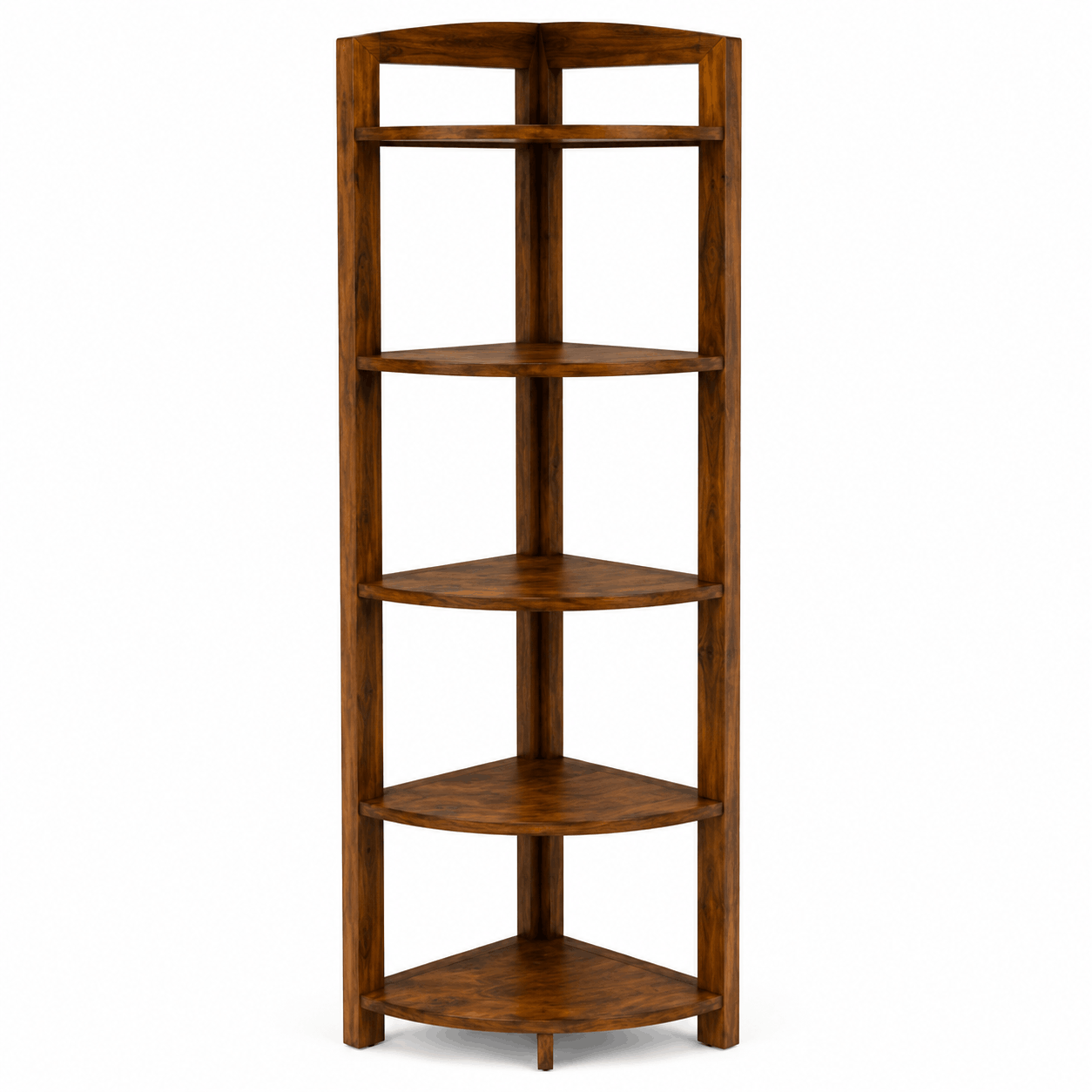 Wooden corner shelf with four shelves on a white background