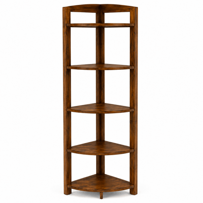 Wooden corner shelf with four shelves on a white background