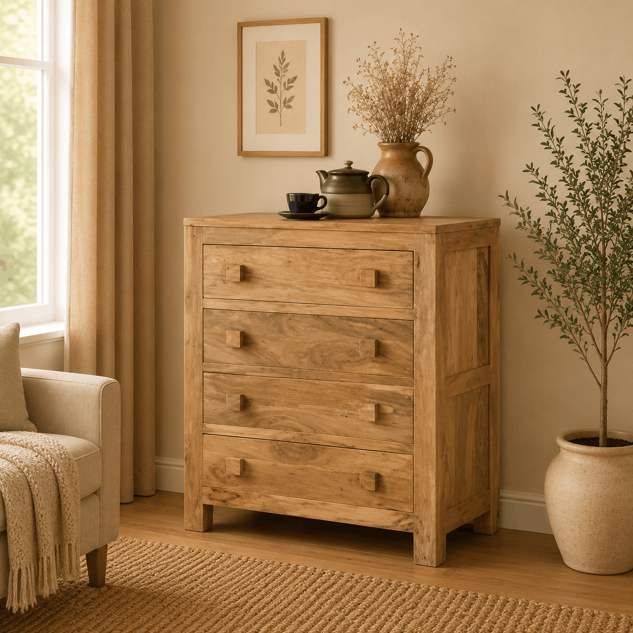 Wooden chest of drawers in a room with a plant and framed picture on the wall.