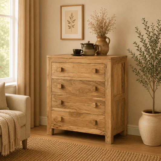 Wooden chest of drawers in a room with a plant and framed picture on the wall.