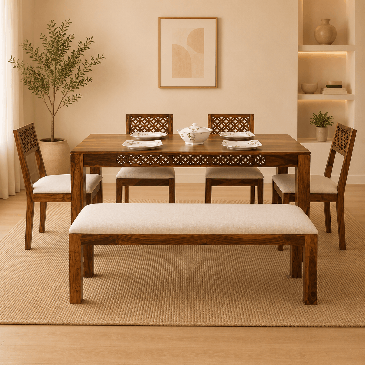 Dining room with wooden table, chairs, and bench in a warm-toned room.