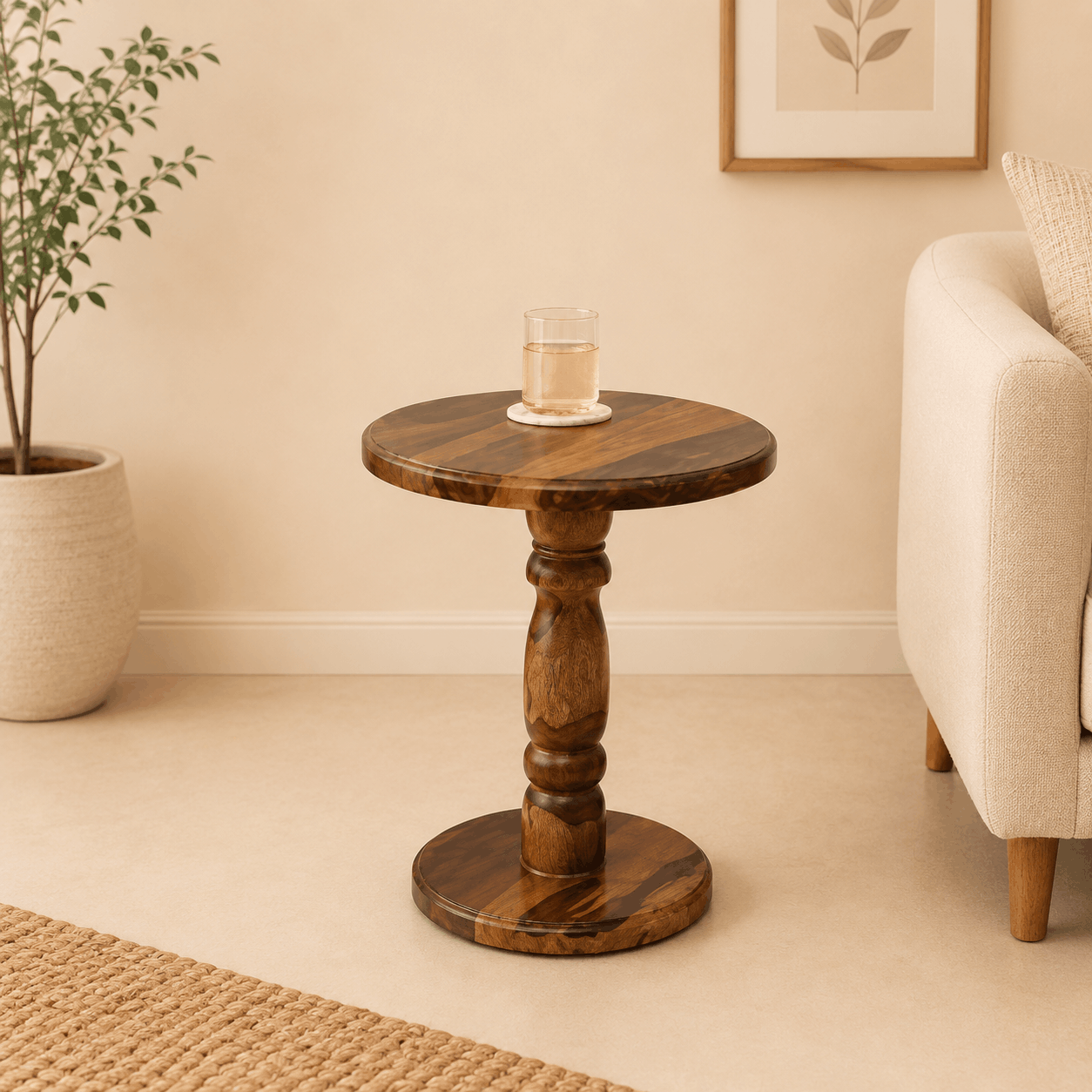 Wooden side table with a glass of water in a living room setting