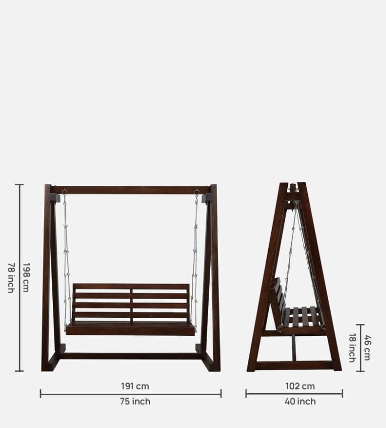 Wooden swing with dimensions labeled on a white background