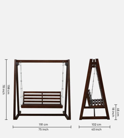 Wooden swing with dimensions labeled on a white background