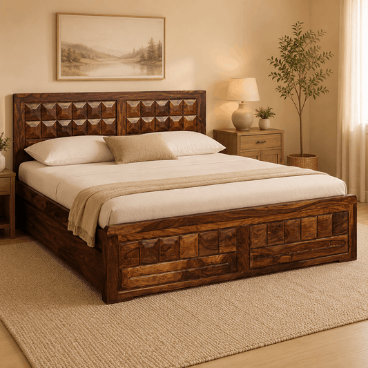 Wooden bed in a bedroom with a lamp and plant on a nightstand.