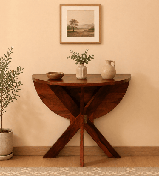 Wooden side table with decorative items against a beige wall