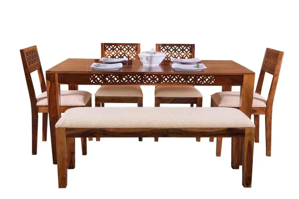 DOMY DINING SET 4 CHAIR WITH BENCH SOLID WOOD IN HONEY FINISH - Ferrowoods