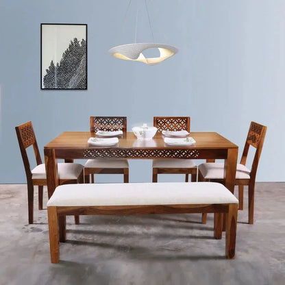 DOMY DINING SET 4 CHAIR WITH BENCH SOLID WOOD IN HONEY FINISH - Ferrowoods