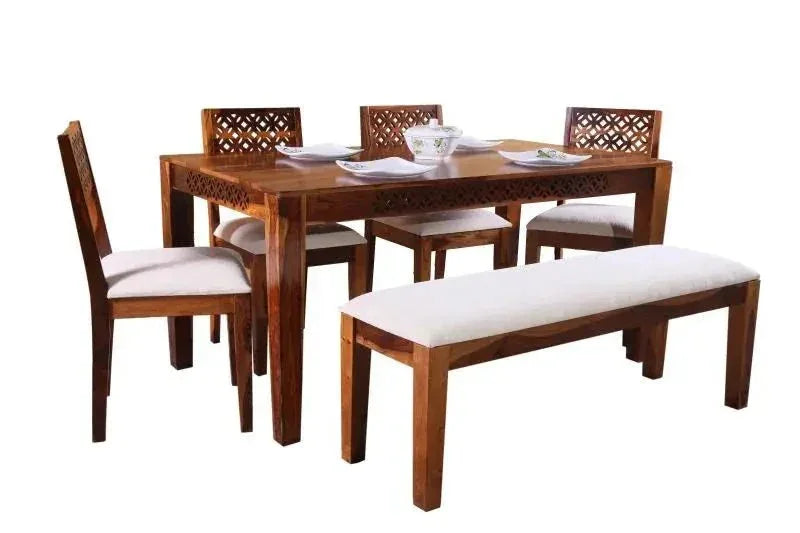 DOMY DINING SET 4 CHAIR WITH BENCH SOLID WOOD IN HONEY FINISH - Ferrowoods