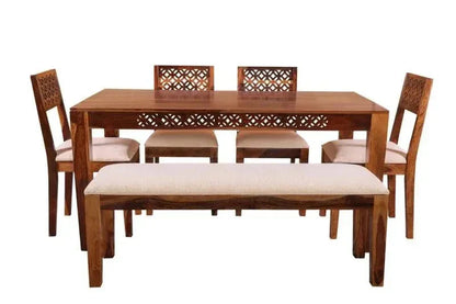 DOMY DINING SET 4 CHAIR WITH BENCH SOLID WOOD IN HONEY FINISH - Ferrowoods