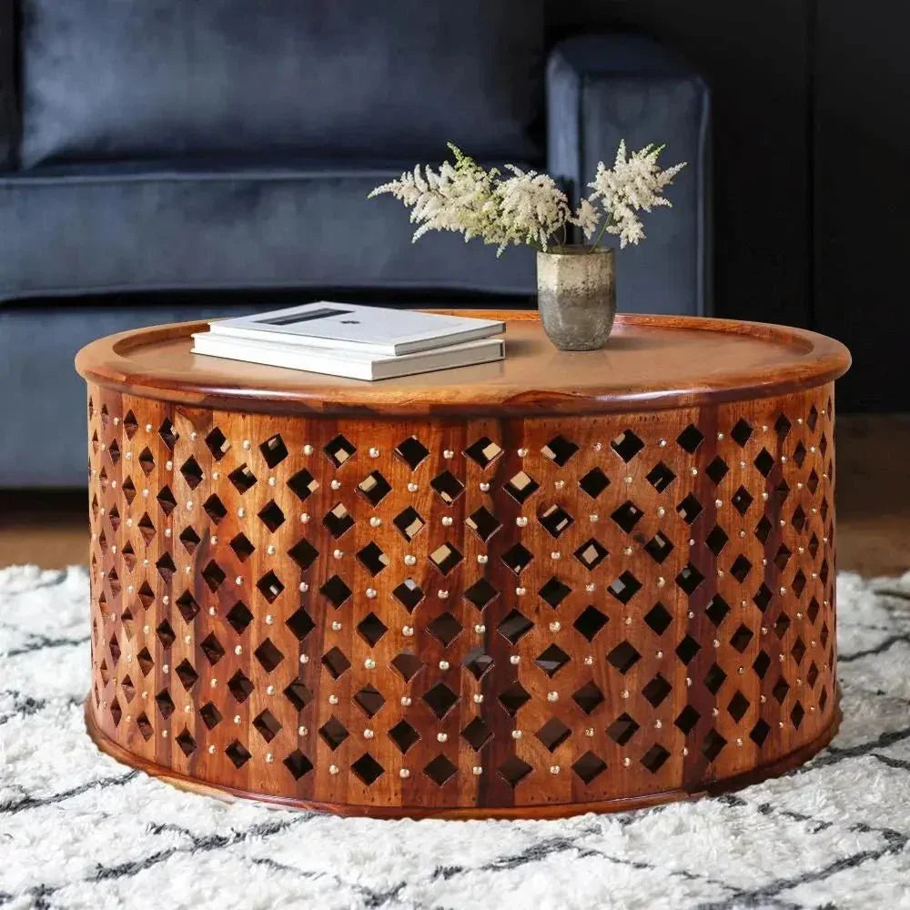 DOTTEY ROUND COFFEE TABLE SOLID WOOD HONEY FINISH - Ferrowoods