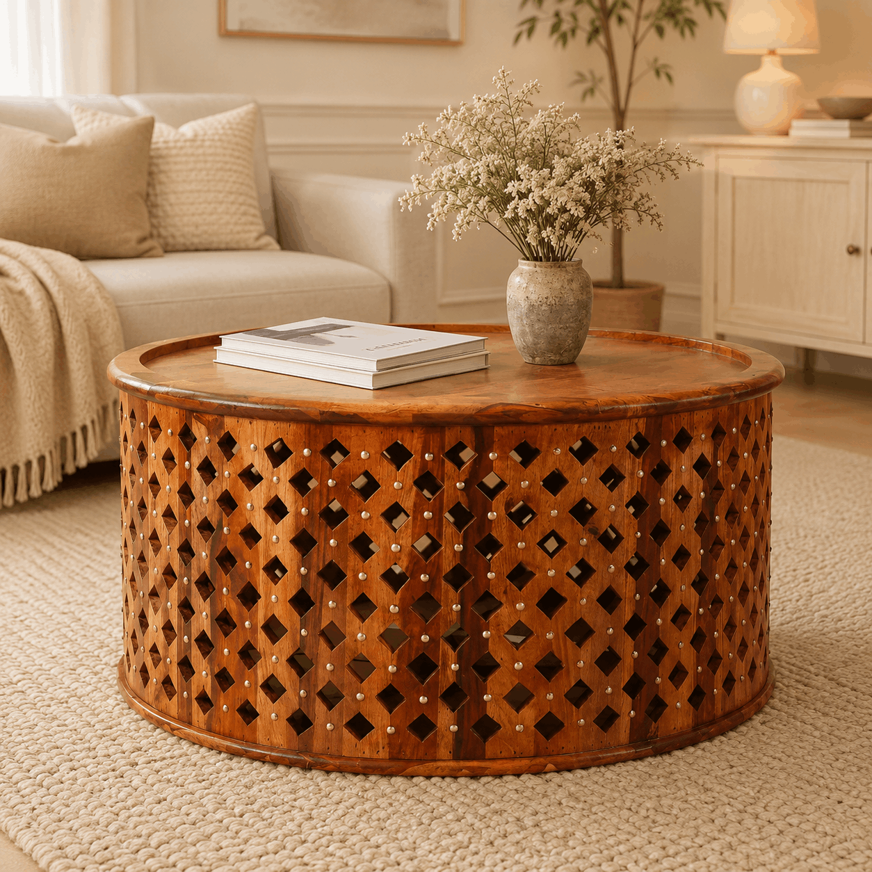 Wooden coffee table with decorative vase and books in a living room setting