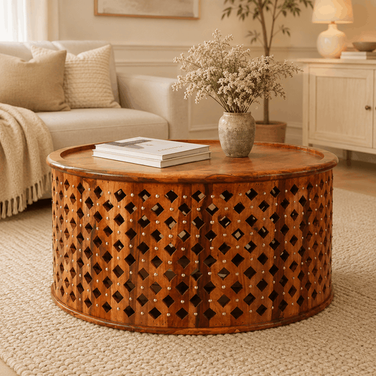 Wooden coffee table with decorative vase and books in a living room setting