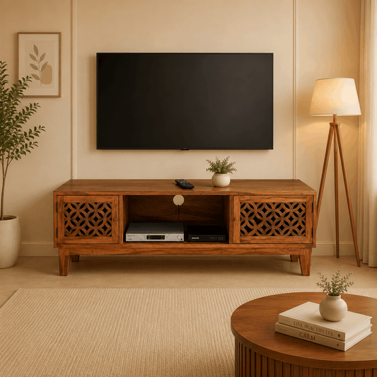 Wooden TV stand with decorative elements in a living room setting