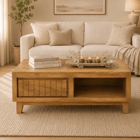 Wooden coffee table with decorative items in a living room setting