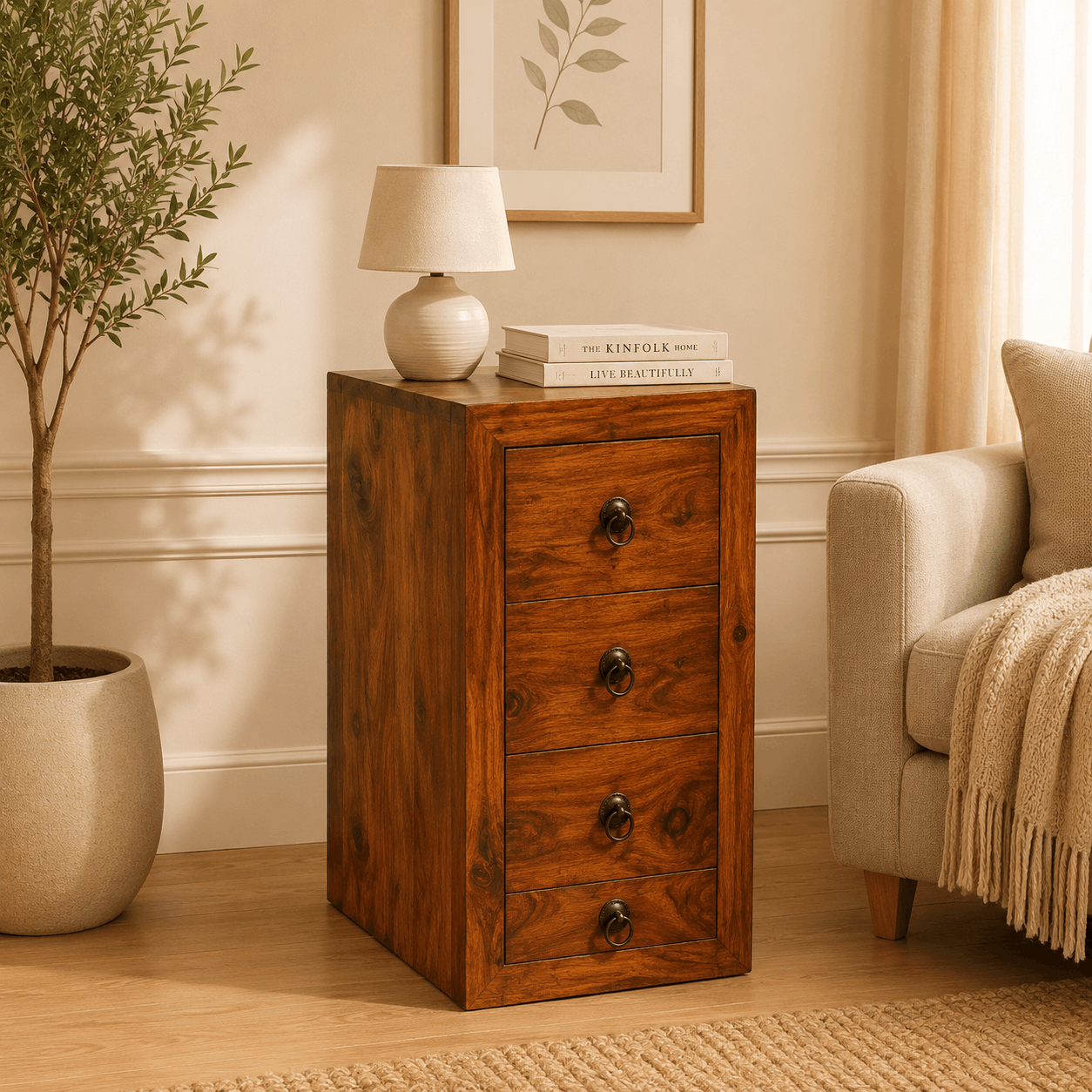 elloye chest of drawer in honey oak finish 