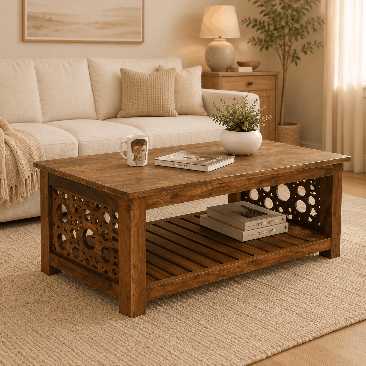 Wooden coffee table in a living room with decor items on top
