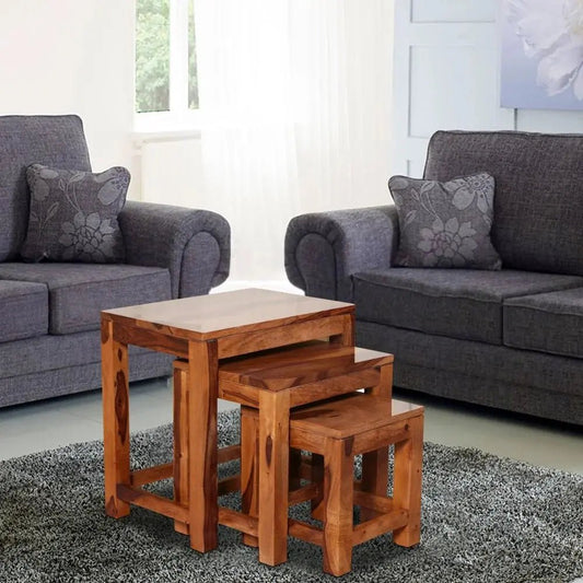 EUSY SET OF 3 STOOL SOLID WOOD IN HONEY FINISH -
