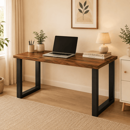 Wooden desk with laptop, books, and decor in a home office setting