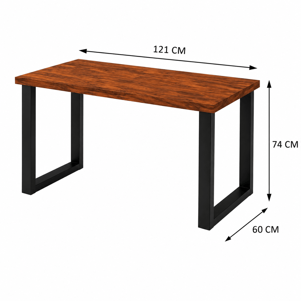Wooden desk with dimensions labeled on a white background