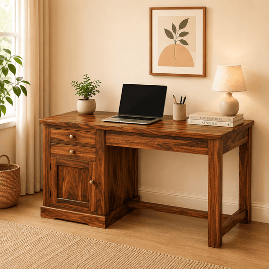 Wooden desk with laptop, books, and decor in a home office setting