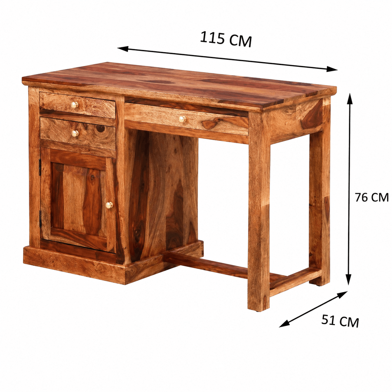 Wooden desk with dimensions labeled on a white background