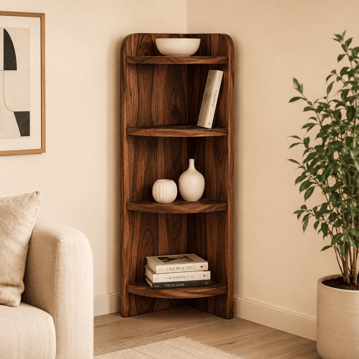 Wooden corner shelf with decorative items in a living room setting