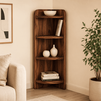 Wooden corner shelf with decorative items in a living room setting