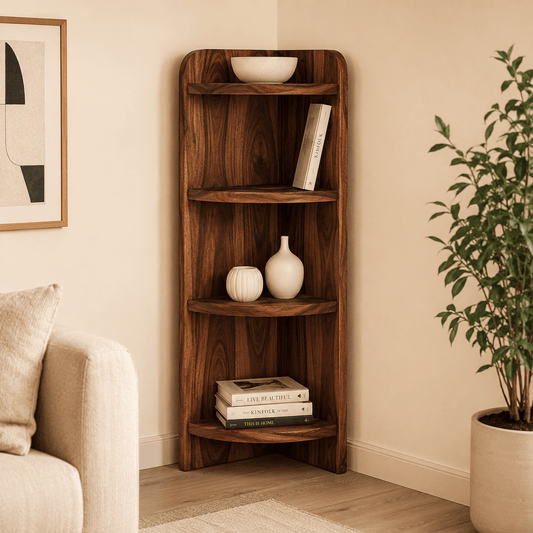 Wooden corner shelf with decorative items in a living room setting