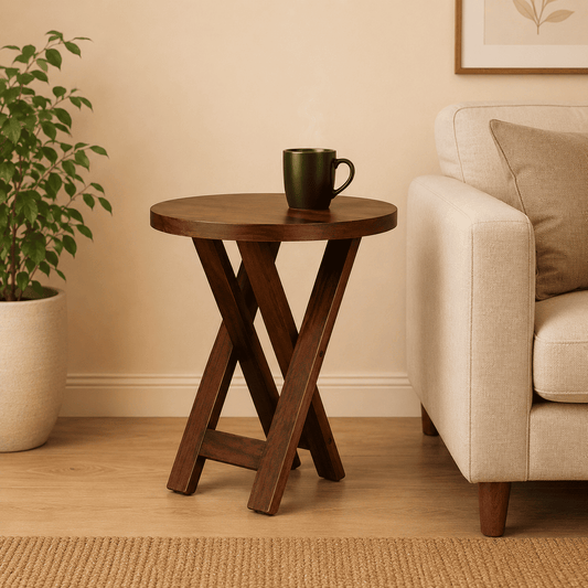 Wooden side table with a green mug in a living room setting.
